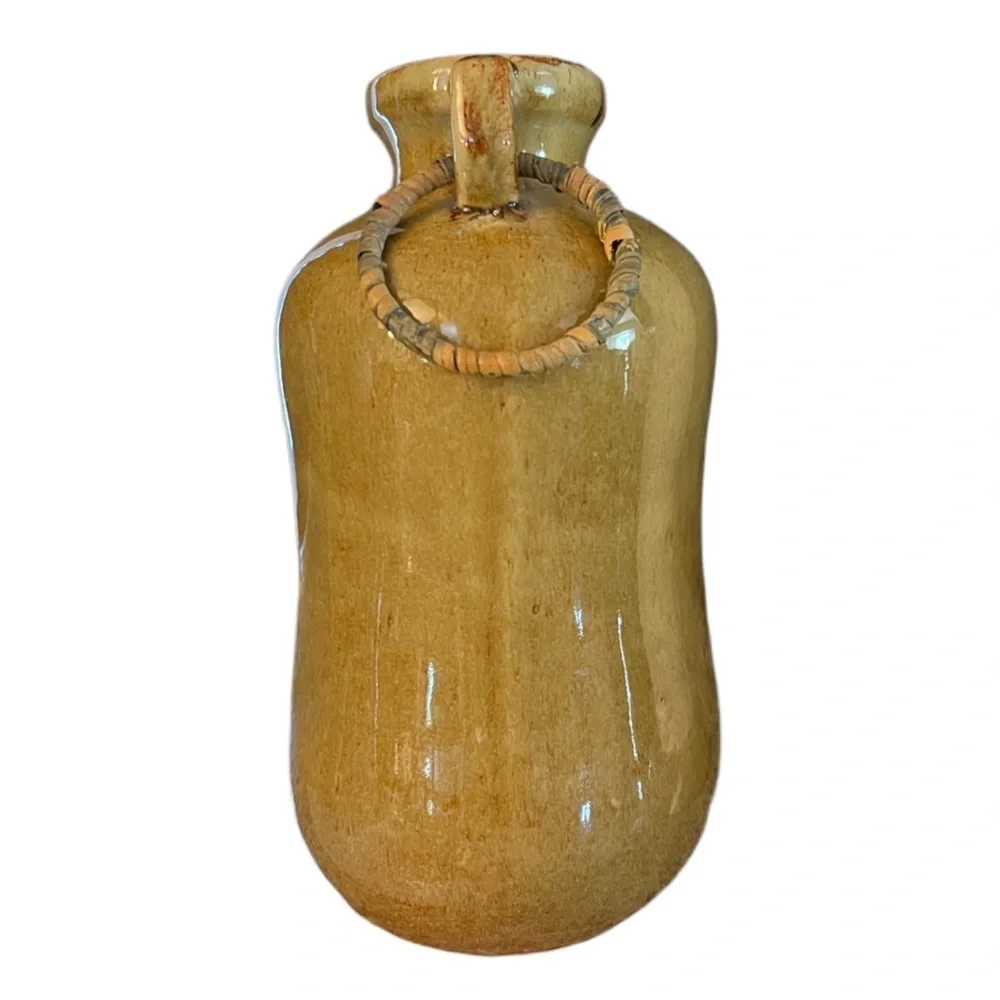 Rustic Glazed Stoneware Pottery Vase Farmhouse Decor‎ Wicker Handles Neutral